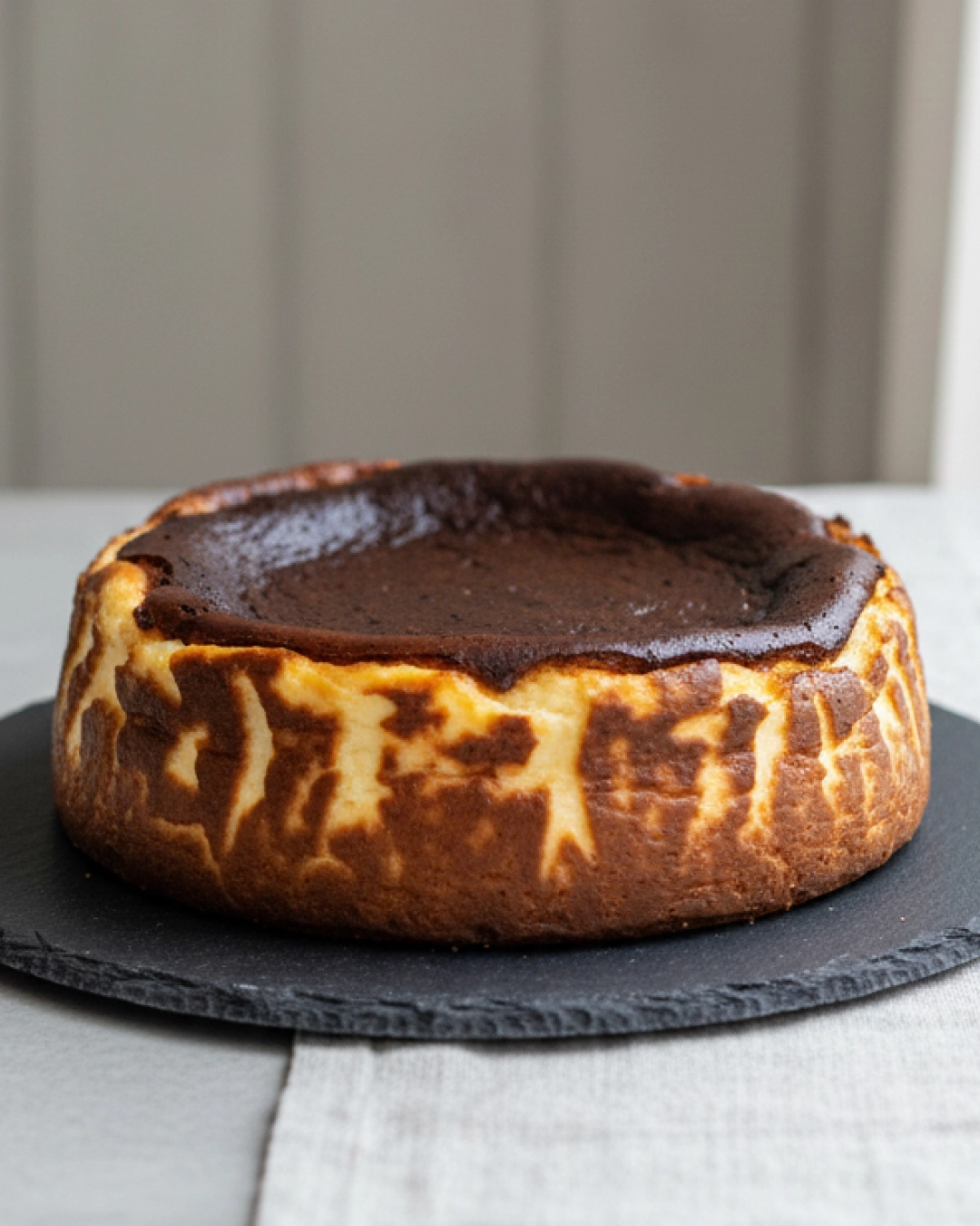 Slice of MEO's signature Basque cheesecake with a caramelized top.